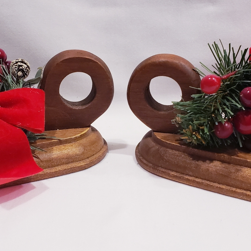 Vintage Christmas Woodcroftery Candlestick Pair of Candle Holders MCM Holly Bows